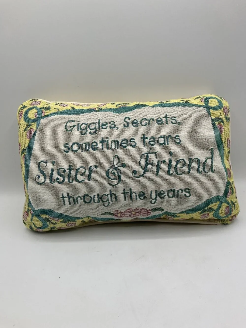 Tapestry Pillow Sisters/Friends Yellow Piped Edges Like New 12